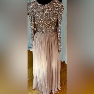 Gold Sequin Long Sleeve Fancy maxi Dress 00 gold sequins and tulle petite gal